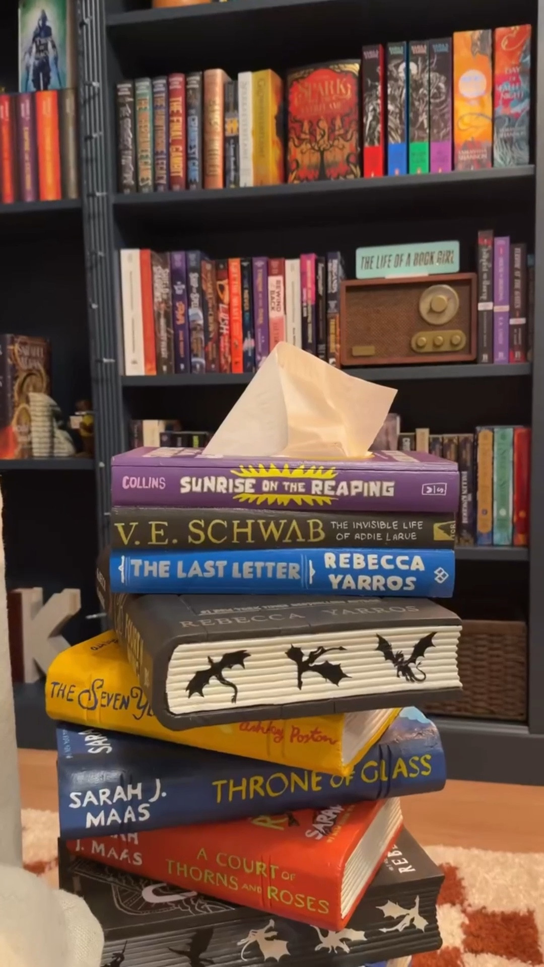 Painted this bookish tissue box to look like three books that made me cry 📚🎨🥲