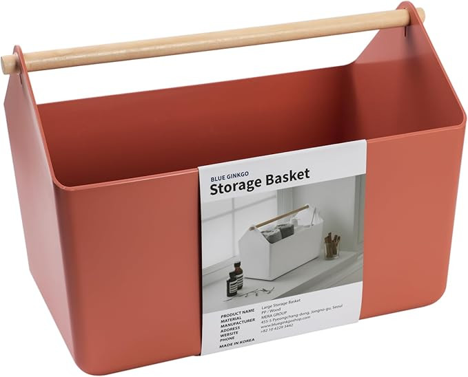 BLUE GINKGO Large Storage Basket – Plastic Caddy with Wooden Handle for Bathroom, Pantry, or Cl... | Amazon (US)