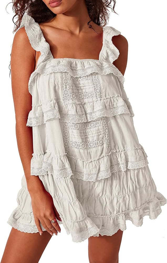 Gacaky Women's Summer Casual Sleeveless Rompers Ruffle Flowy Boho Sun Dress Loose Mini Dress with... | Amazon (US)