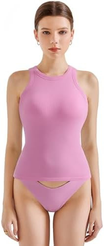 SUUKSESS Women Padded Cotton Ribbed Tank Tops High Neck Racerback Basic Tops | Amazon (US)