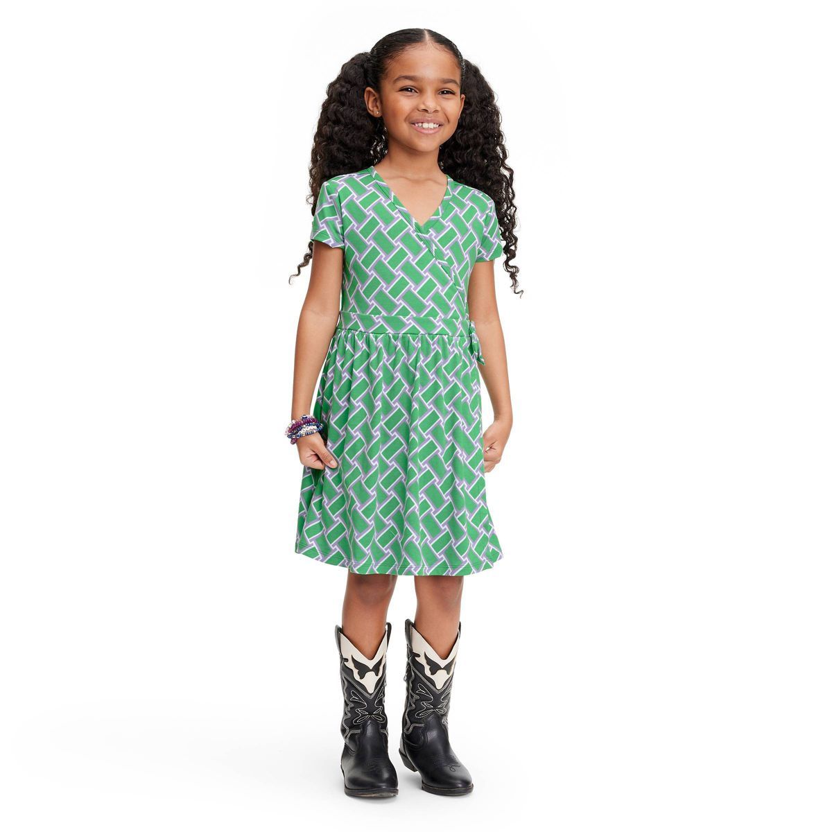 Kids' Short Sleeve Vintage Weave Green Faux Wrap Dress - DVF for Target | Target