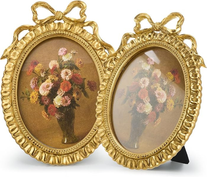 1 Pcs Vintage Gold Bow Picture Frames 5x7 Inch Oval Antique Photo Frames Ornate Baroque Resin wit... | Amazon (US)