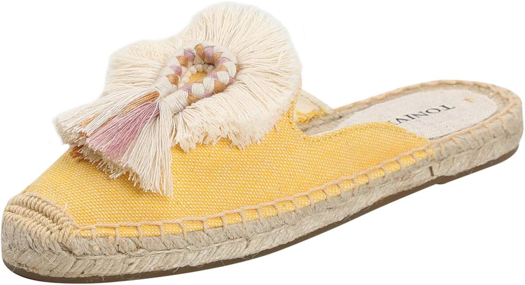 Women’s Mule Flat Shoes with Tassel & Pompom, Espadrilles Slides Backless Slipper Slip on Loafe... | Amazon (US)