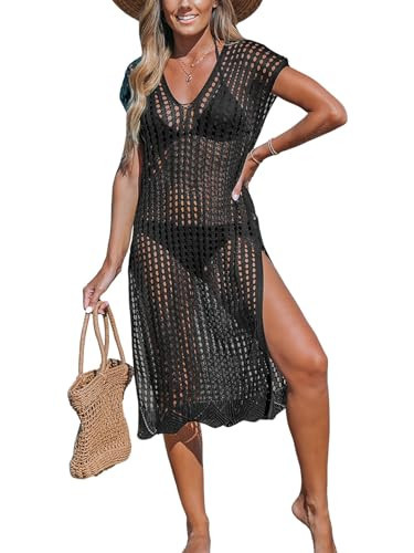 CUPSHE Women's Crochet Coverup Hollow Out Short Sleeve Beach Cover Ups Split Mesh Midi Dress Black Large | Amazon (US)
