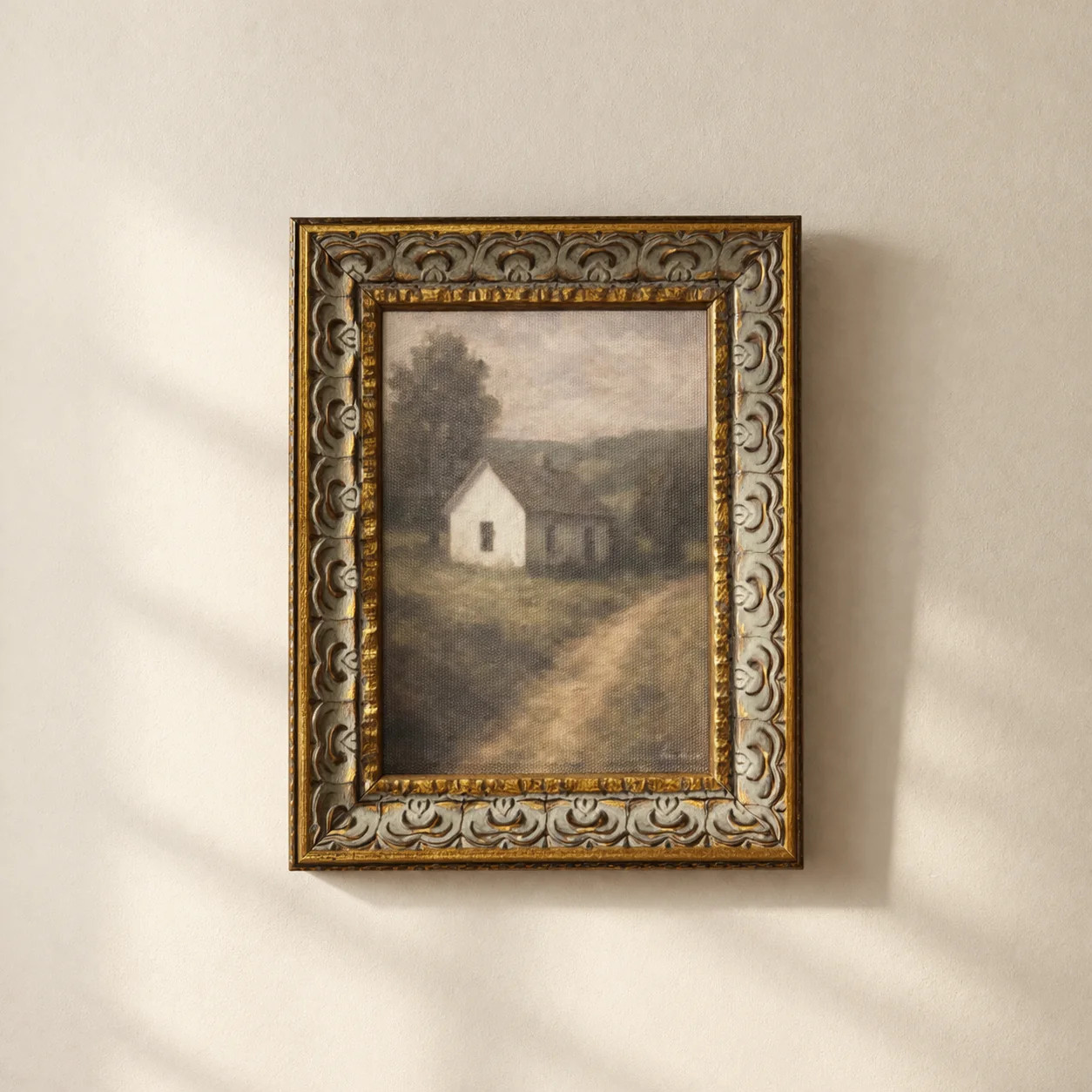 White Farmhouse | Antique Inspired Gold Leaf Crowned Framed Art | luxe bCO