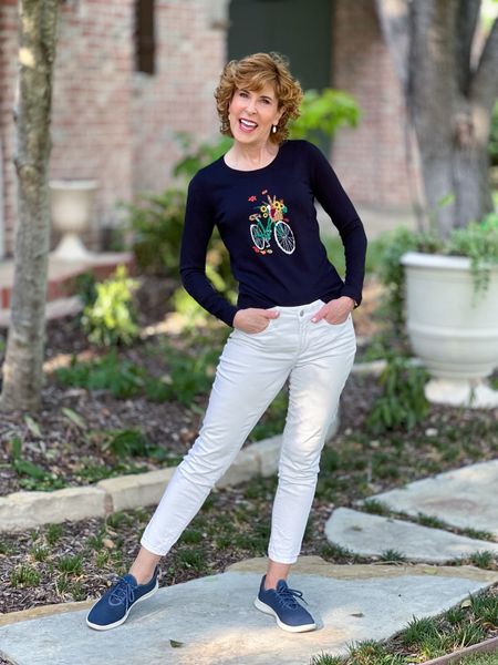 This darling lightweight crewneck pullover is 25% off right now, and it has the cutest jacquard bicycle motif! I love it on its own with white jeans now, but it will be equally darling layered over a floral button-down and worn with slacks or jeans in the cooler months.
I paired it with no stain white jeans that I absolutely love! 


#LTKsalealert #LTKstyletip