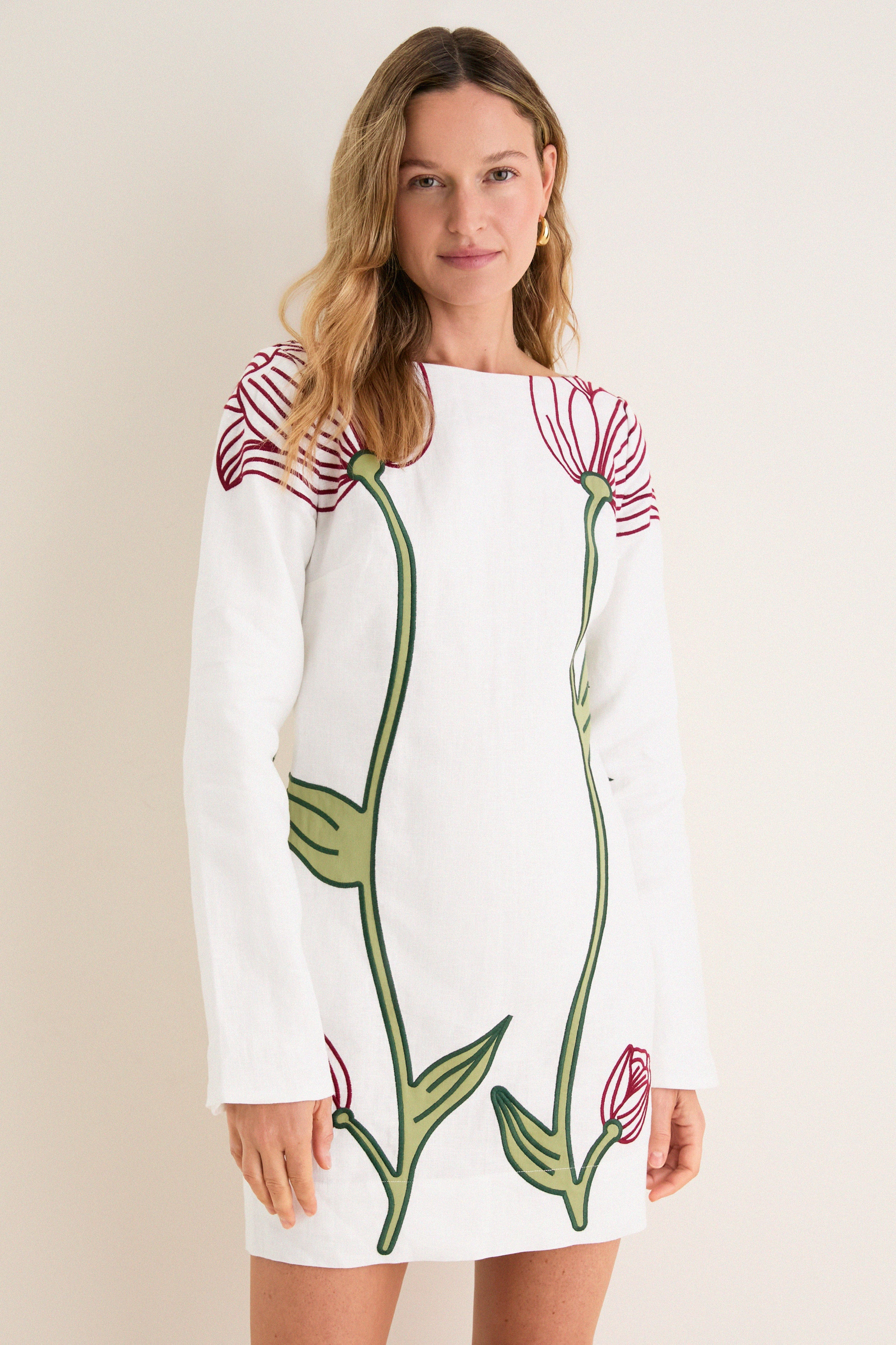 Off-White Flower Long Sleeve Mini Dress | Tuckernuck (US)