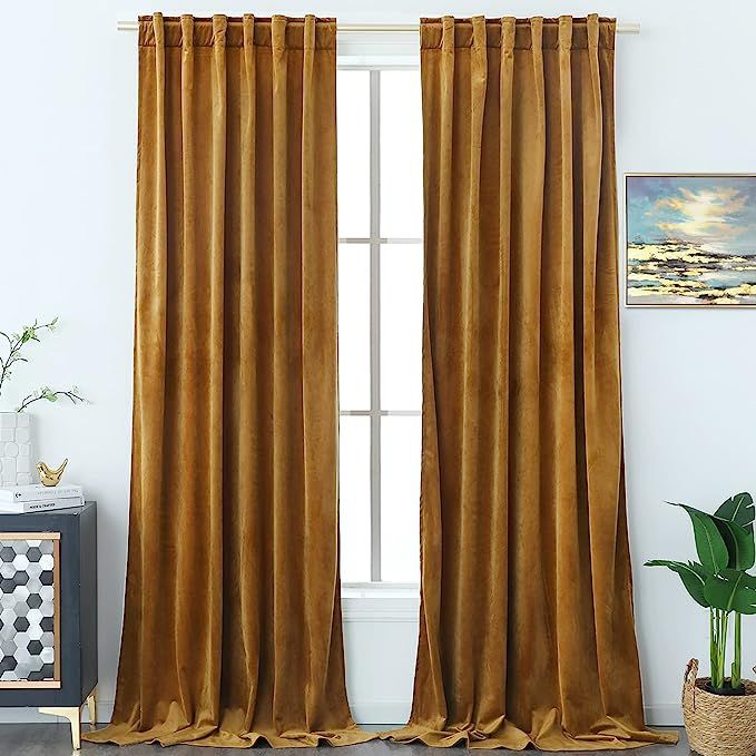 Timeper Gold Velvet Curtains 96 Inches - Super Soft Velvet Drapes Heat & Sunlight Blocking Curtai... | Amazon (US)