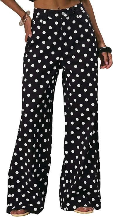 MakeMeChic Women's Polka Dots Loose Fit Pants Wide Leg Baggy Fall Jeans | Jeans for Women, Mid Wa... | Amazon (US)