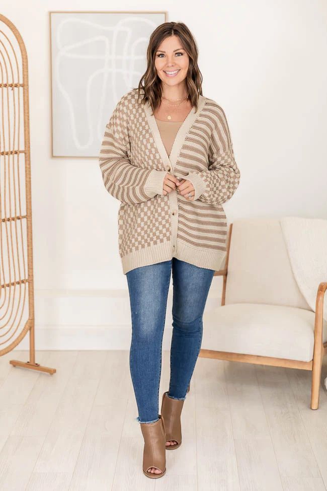 Time To Waste Beige Checkered and Striped Cardigan | Pink Lily