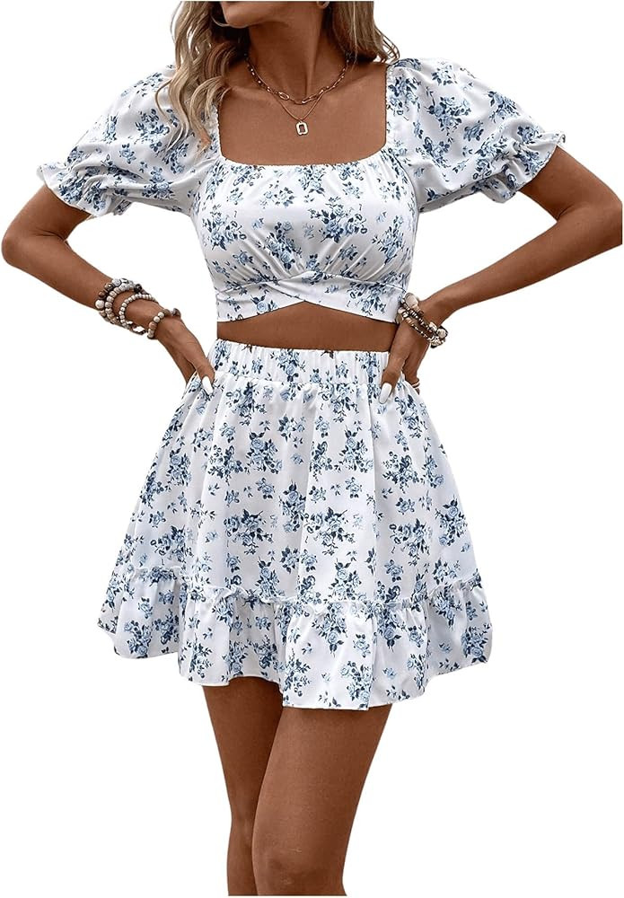 Floerns Women's 2 Piece Outfit Vacation Floral Short Sleeve Tie Back Crop Tops A Line Skirt Set | Amazon (US)