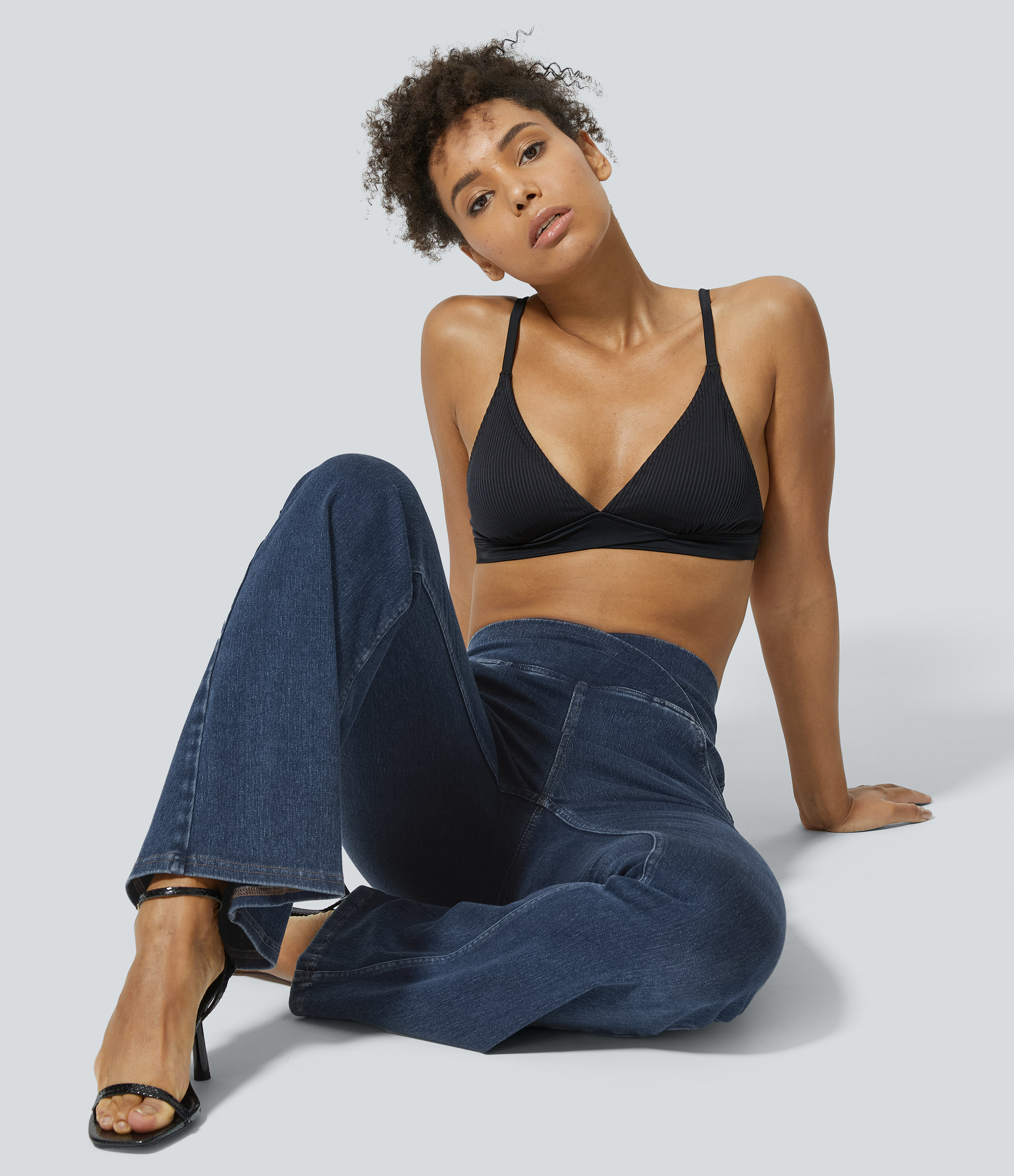 Halara Halara Flex™ High Waisted Crossover Pocket Washed Stretchy Knit Casual Super Flare Jeans - Washed Denim Navy Blue - XS(petite) | HALARA