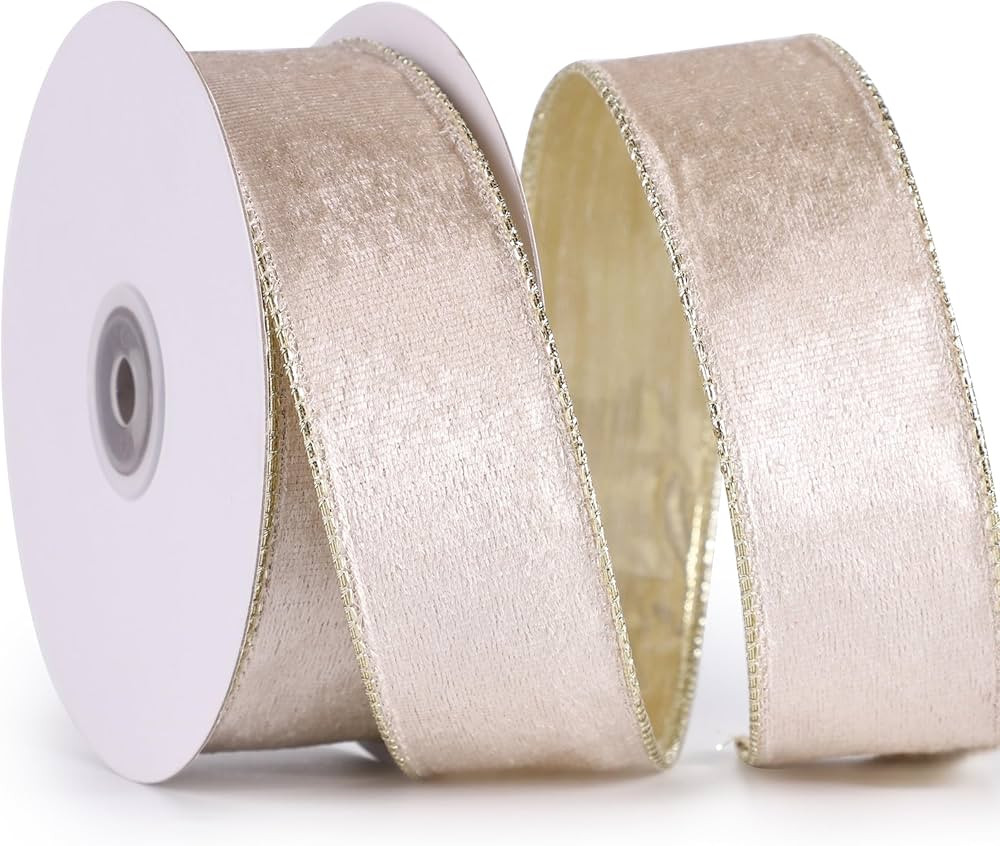 Champagne Gold Velvet Ribbon Wired 1.5" x 10 Yards Champagne Christmas Wired Ribbon with Gold Bac... | Amazon (US)