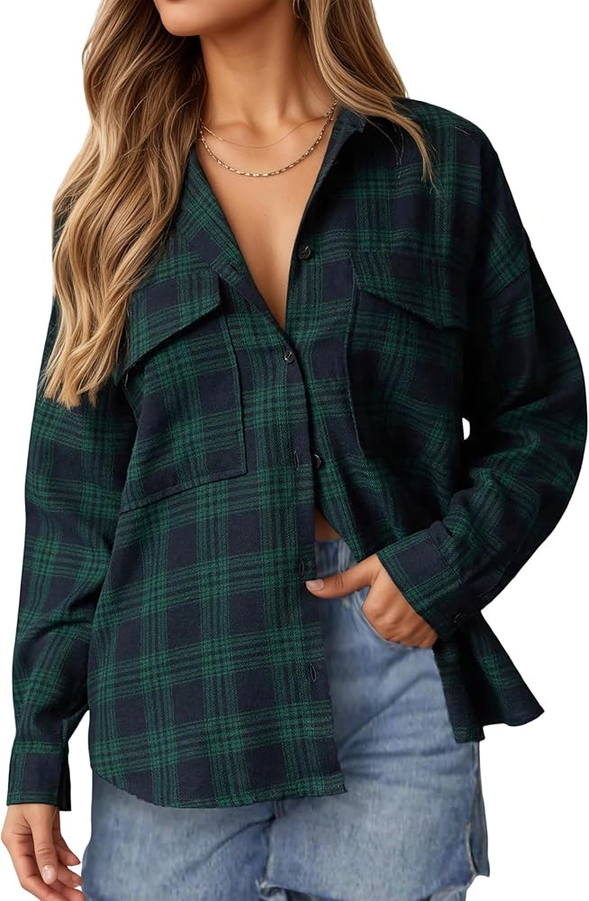 Oyamiki Womens Casual Cuffed Long Sleeve Boyfriend Button Down Plaid Flannel Shirt Tops | Amazon (US)