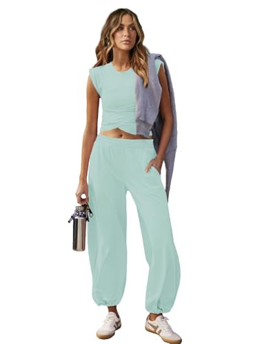 Outfeel Women 2 Piece Outfit Set Loungewear Cropped Tops and Jogger Sweatpant Matching Set Coordinated Sweatsuit with Pockets Aqua Blue Small | Amazon (US)
