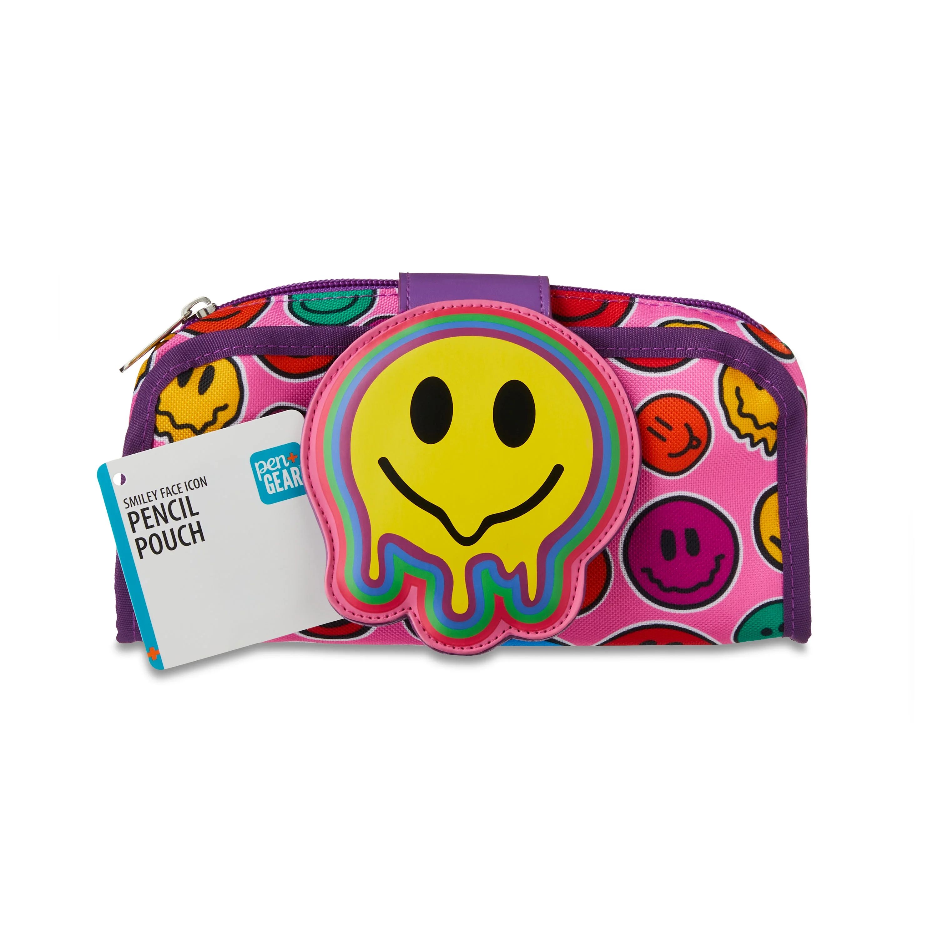 Pen+Gear Smiley Face Pencil Pouch, 10 Elastic Pen Slots, Pink Print with Purple Trim | Walmart (US)