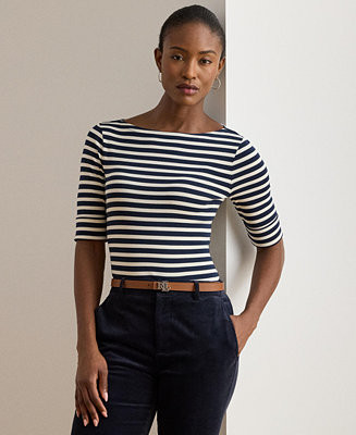 Lauren Ralph Lauren Women's Striped Stretch Cotton Boatneck Tee, P/XS-XXL - Macy's | Macy's