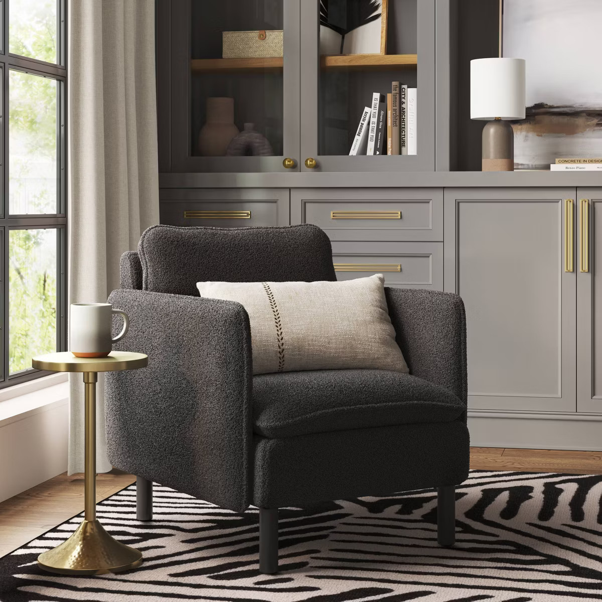 Square Back Accent Arm Chair Boucle Black - Threshold™: Upholstered Polyester, Rubberwood Legs | Target