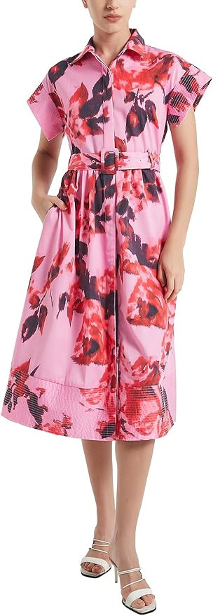 D-Sun Women Button Down Shirt Dress V-Neck Floral Printed Short Sleeves Mid Shirt Dress Belt A-Li... | Amazon (US)