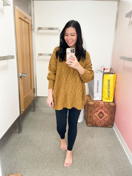 Women’s Free People cable tunic sweater (wearing a small) with Zella high waisted leggings (wearing small). Both true to size 

#LTKxNSale #LTKstyletip #LTKsalealert