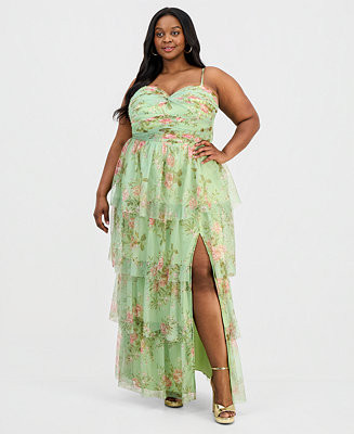 City Studios Trendy Plus Size Floral Mesh Tiered Gown - Macy's | Macy's