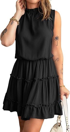 Bigeoosh Women's Sleeveless Halter Neck High Neck Mini Dress Summer Casual Elastic Waist Flowy Ru... | Amazon (US)