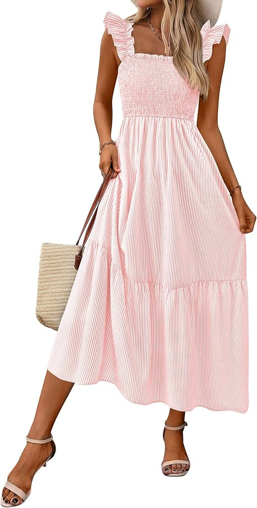 PRETTYGARDEN Womens Summer Dress Casual Square Neck Ruffle Strap Gingham Smocked Midi Flowy A Lin... | Amazon (US)