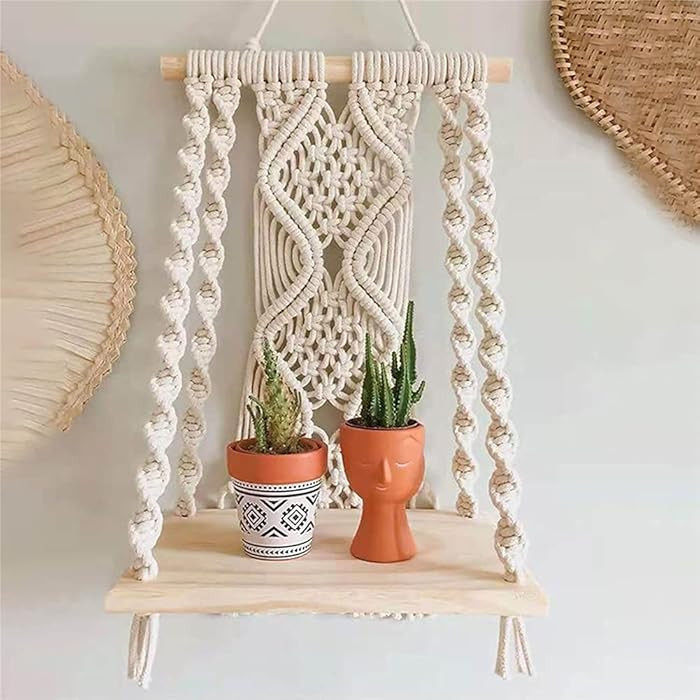 Macrame Wall Hanging Plant Decor Shelf Indoor Outdoor Floating Wood shelve Decorative Hand Made R... | Amazon (US)