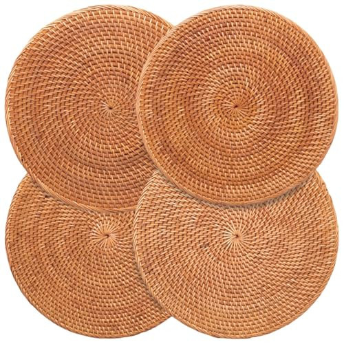 Decvel 4-Pack Rattan Placemats - 13-inch Round Placemats (Honey Brown) - Woven Place Mats, Round Table Mats - Wicker Chargers for Dinner Plates, Plate Chargers Boho - Rattan Decor, Kitchen Table Decor | Amazon (US)