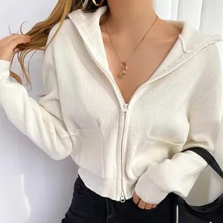 Long-Sleeve Ribbed Knit Cropped Zip-Up Hoodie | YesStyle Global