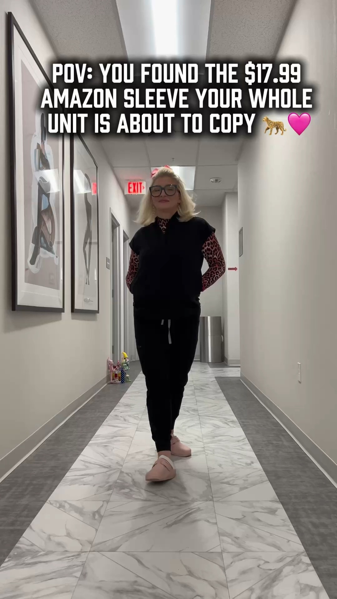 Black FIGS just got the pink leopard treatment and I am not taking constructive criticism 🖤🐆🩷 FIGS top $48 + bottoms $46.40 + pink leopard sleeve $17.99 Amazon + pink Crocs $20.99 Amazon = the most fun I have had getting dressed for a shift all year. The sleeve and Crocs are both Amazon dupes that look way more expensive than they are. XXS top XS bottoms, 5’2” 148lbs. Tap to shop every single piece! 🩷🐆