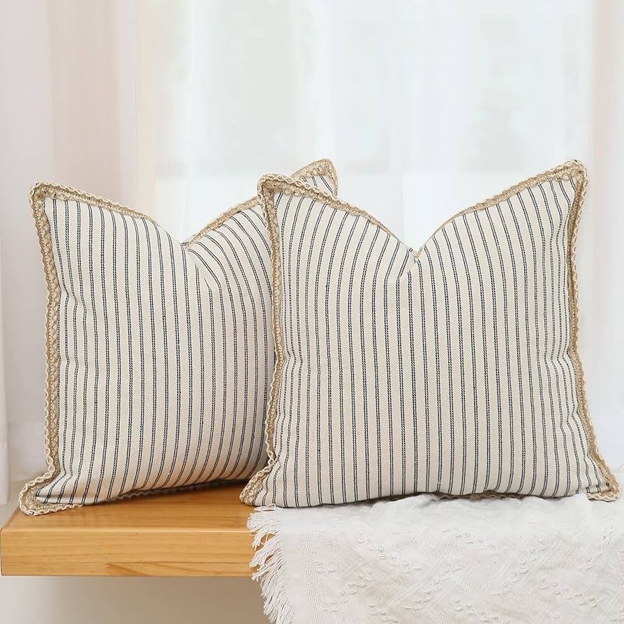 Hckot Farmhouse Decorative Throw Pillow Covers 18x18 Inch, Pack of 2 Navy Blue and Beige Striped ... | Amazon (US)