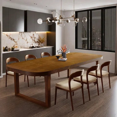 Brown rectangular solid wood dining table set with upholstered solid wood chairs | Wayfair North America