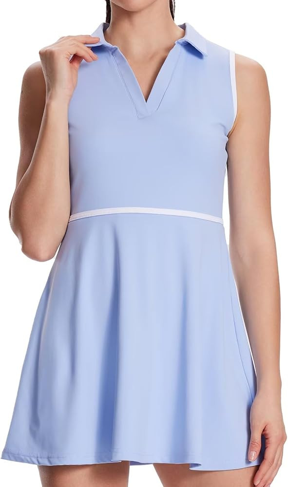 Women's Tennis Dress with Detachable Pocket Shorts, Convertible V-Neck & Polo Collar for Golf Gym | Amazon (US)