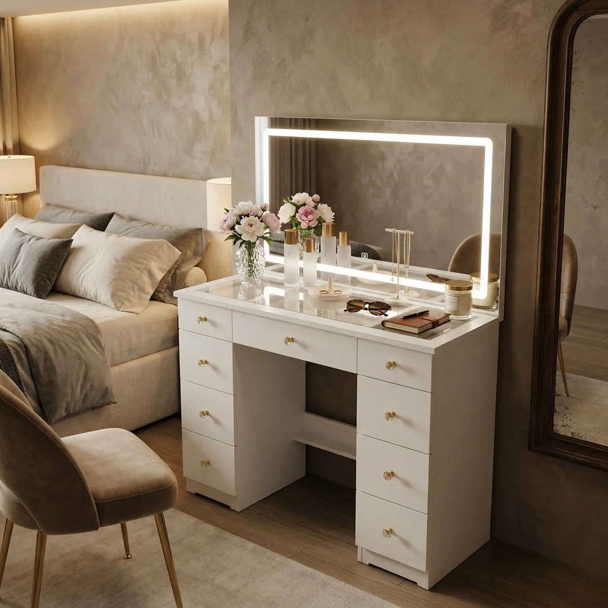 Modern Makeup Vanity With Lighted Mirror And Strong Storage | Wayfair North America