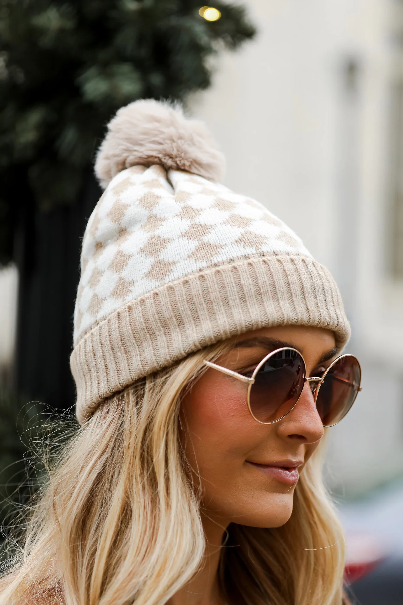 Winter Ready Checkered Pom Pom Beanie | Dress Up