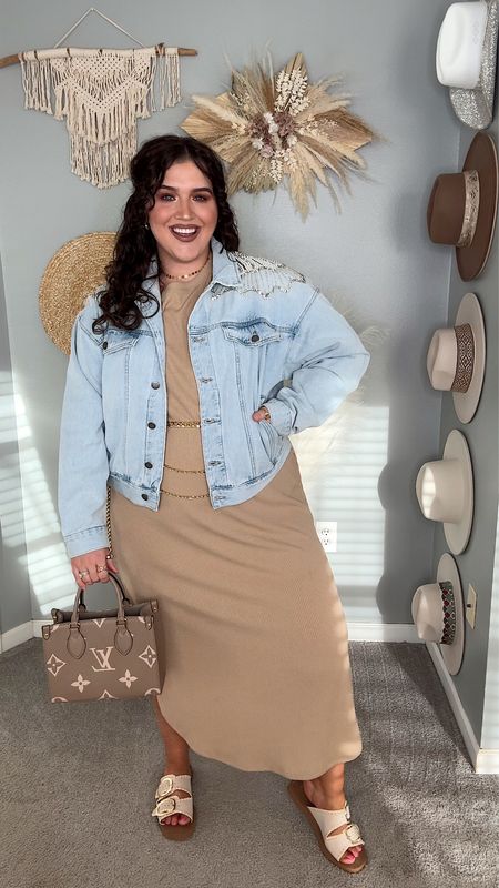 Elevated casual outfit inspo ✨ Early Spring transition outfit. Ribbed + stretchy dress XXL paired with a light blue rhinestone + pearl jean jacket size XL 🩵 
Jacket + sandals on sale! Use code: SPRINGLTK30

#LTKstyletip #LTKSpringSale #LTKplussize