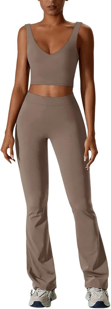 REORIA Womens 2 Piece Workout Sets Athleisure Brethable V Neck Tank Tops Stretchy Flare Pants Mat... | Amazon (CA)