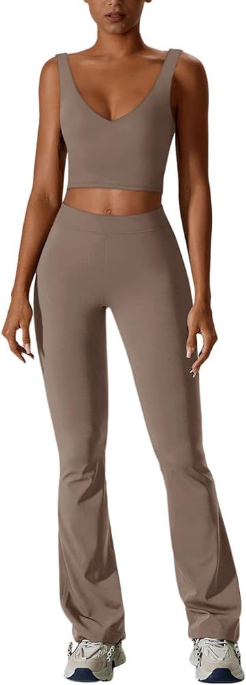 REORIA Womens 2 Piece Workout Sets Athleisure Brethable V Neck Tank Tops Stretchy Flare Pants Mat... | Amazon (CA)