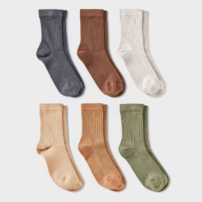 Women's Variegated Ribbed 6pk Mid Crew Socks - A New Day™ Ivory/Green/Brown 4-10: Tagless, Knit | Target