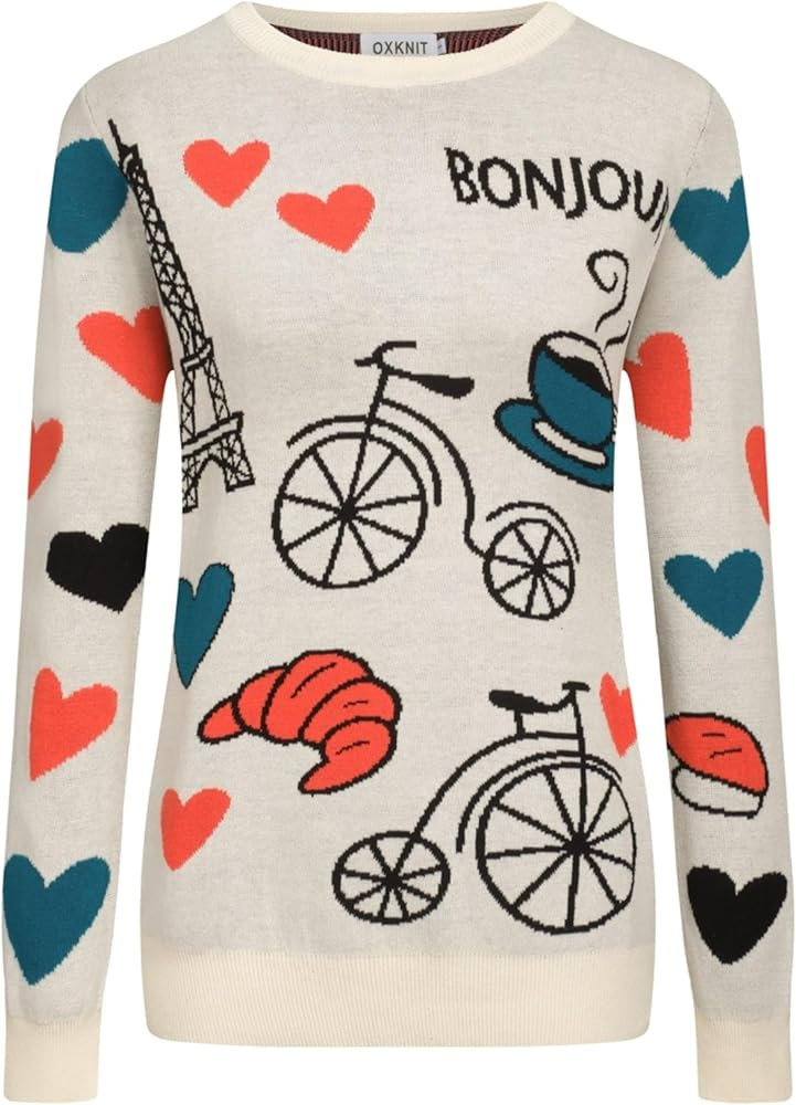 OXKnit Knit Long Sleeves Sweaters for Women, 1960s Mod Style Retro Word Pattern Beige Crewneck Co... | Amazon (US)