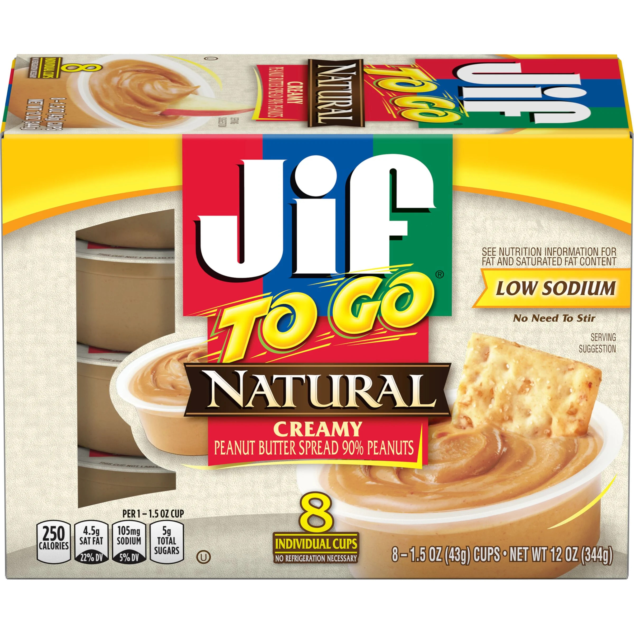 Jif To Go Natural Creamy Peanut Butter Spread, 8- 1.5 Ounce Cups, Smooth and Creamy Texture, Snac... | Walmart (US)