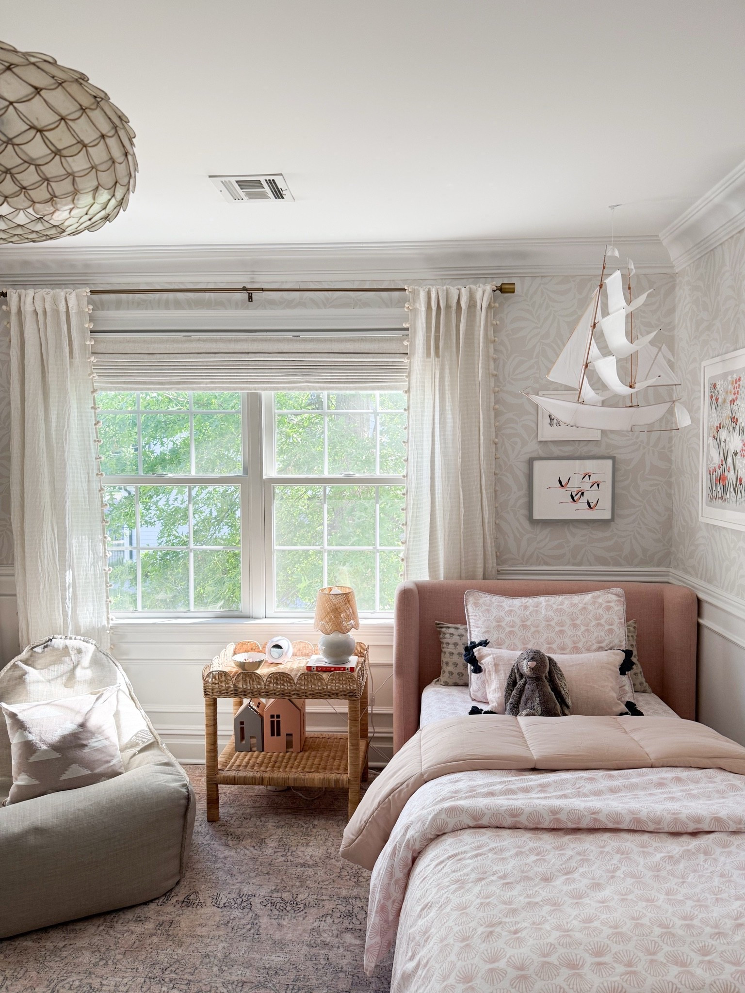 I get questions about Ava’s bedroom daily so I’m linking every single item that’s still available (most of which are on sale
This weekend!) 

Her scalloped rattan bedside table, capiz pendant light, cozy bedding, Cloudpile rug, lounger, peel-and-stick wallpaper and art!

Kid’s bedroom, bedroom inspo, GIRLONTHEHUDSON, modern coastal, gallery wall, Serena & Lily, Minted art, upholstered bed, pink bed, Kids bedroom, gallery wall, reading book, wallpaper design, pattern mix

#LTKKids #LTKmomlife #LTKHome
