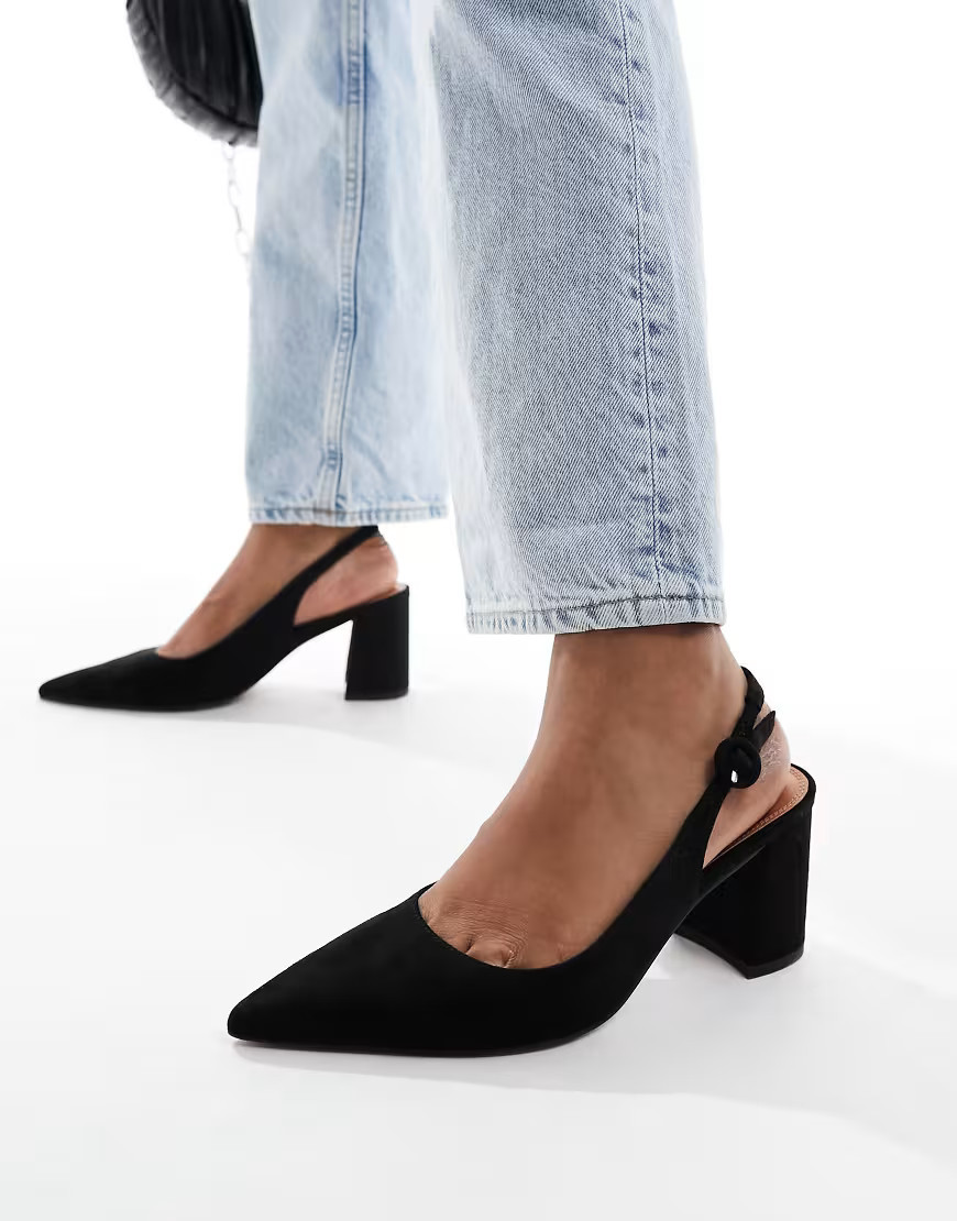 ASOS DESIGN Sutton slingback mid block heels in black suedette | ASOS (Global)