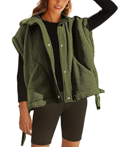 Yozazzy Sherpa Vest for Women Casual Sleeveless Fleece Fuzzy Jacket Winter Zip Up Gilet Outerwear with Pockets(ArmyGreen-M) | Amazon (US)