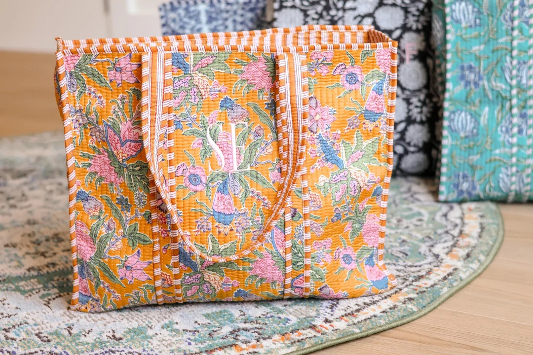 Embroidered Cotton Quilted Bag, Block Print Tote Bag for Women, Boho Travel Bag, Handmade Shoulde... | Etsy (US)