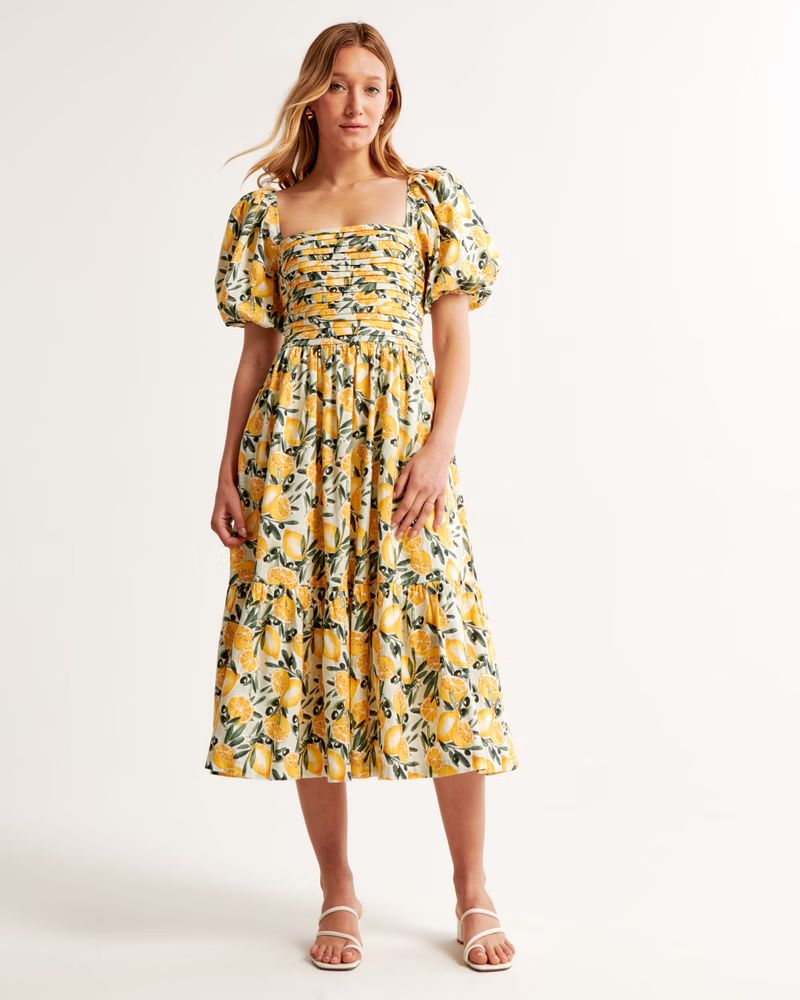 Emerson Linen-Blend Puff Sleeve Midi Dress | Abercrombie & Fitch (US)