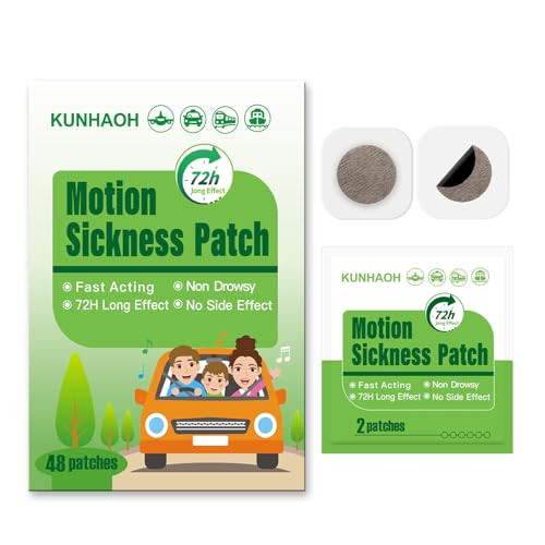 KUNHAOH Motion Sickness Patches Non Drowsy, 100% Natural Sea Sickness Patch(Efficient– Lasts 72 Hours)-for Car Airplane Ship Altitude Sickness(Travel Essentials 2026)-for Adults and Kids(48 Count) | Amazon (US)