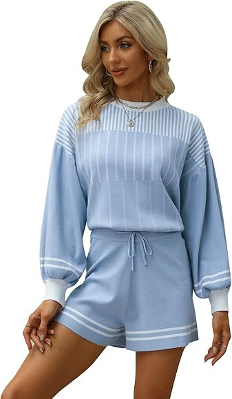 Gihuo Women' s Striped 2 Piece Outfits Crewneck Knit Pullover Sweater Shorts Set | Amazon (US)