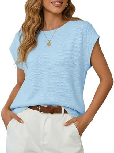 Saodimallsu Womens Short Sleeve Sweater Tops Summer Crewneck Lightweight Knit Casual Loose Sleeve... | Amazon (US)